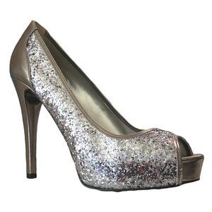 GUESS Women's Glitter Sequin Peep Toe Heel Pump Size 8 Silver